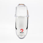 Top view of the Women's White/Black BILLY CS Low by BILLY Footwear, a sensory-friendly shoe with black accents. The open tongue reveals a red goat head logo and BILLY text. Signature double zipper sneakers on a plain white background.