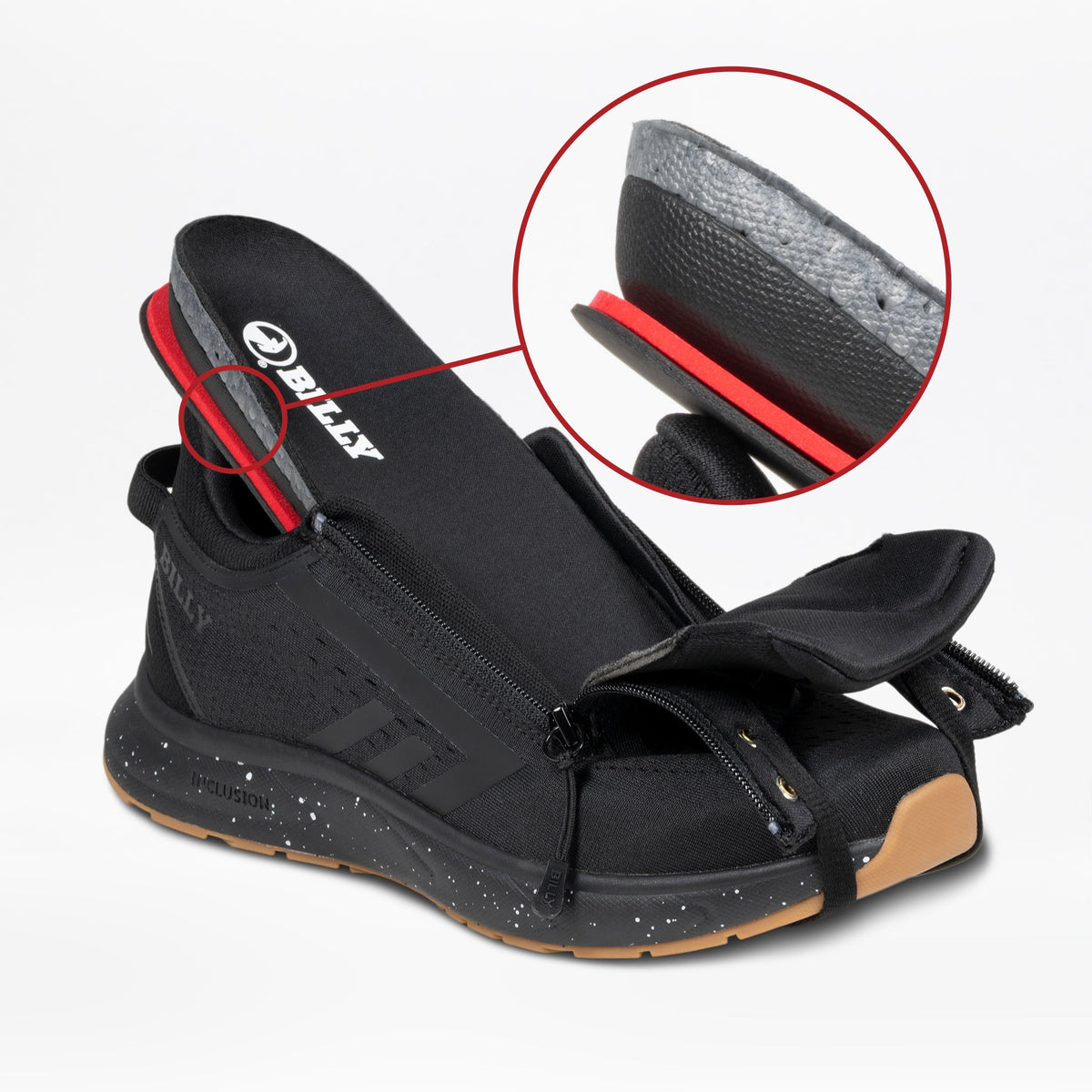 The BILLY Footwear Men's Black/Black/Gum BILLY Sport Inclusion DZ1 sneaker features a wide fit, a partially open zipper showing its removable insole, with a circular inset magnifying the insole’s layered design and texture.