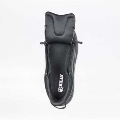 Top view of the Men's Black/Black/Gum BILLY Sport Inclusion DZ1 from BILLY Footwear, showing double zippers unzipped to reveal the interior and brand logo, all set against a white background.