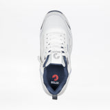 Top view of the Men's White/Navy BILLY Limitless 253 by BILLY Footwear, featuring white with navy accents, a navy mesh tongue, side zipper for easy access, white laces, and BILLY branding on the tongue and insole—designed for easy-on/easy-off wear.