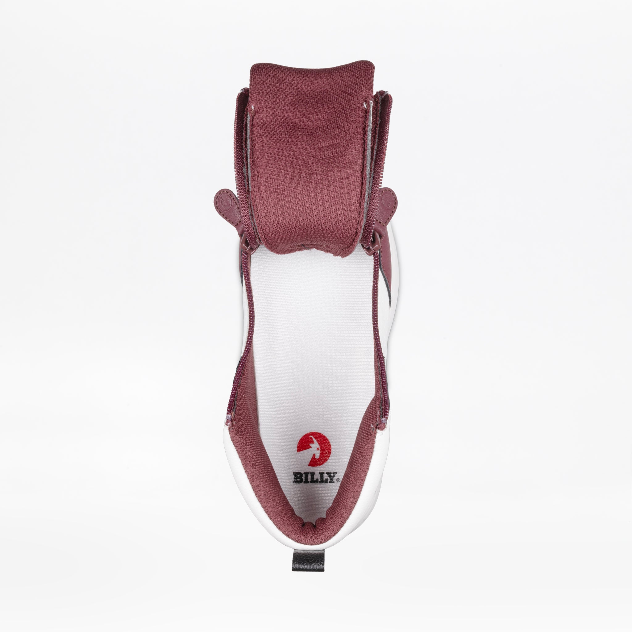 A single Women's White/Wine/Black BILLY Comfort DZ High sneaker by BILLY Footwear is seen from above, its tongue and sides open to reveal the interior and a white insole with a red BILLY Footwear logo.