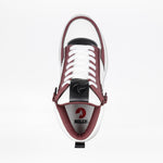 A top view of the Women's White/Wine/Black BILLY Comfort DZ High by BILLY Footwear, a high top sneaker with maroon and black accents, double side zippers, and a circular BILLY logo on the insole. The comfortable shoe is isolated on white.