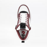 A top view of the Women's White/Wine/Black BILLY Comfort DZ High by BILLY Footwear, a high top sneaker with maroon and black accents, double side zippers, and a circular BILLY logo on the insole. The comfortable shoe is isolated on white.