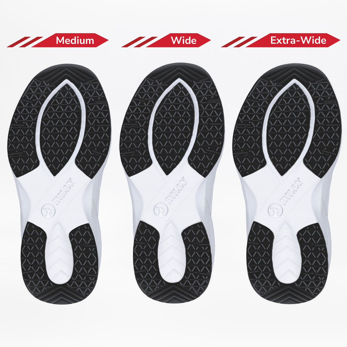 Three Women's Black BILLY Limitless sneaker soles by BILLY Footwear—Medium, Wide, and Extra-Wide—are shown side by side, highlighting the increasing width and size for adjustable depth or sensory friendly shoes.