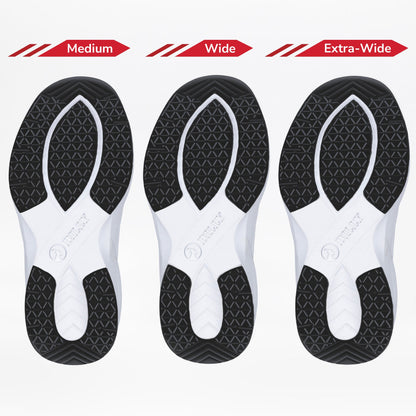 Three Women's Black BILLY Limitless sneaker soles by BILLY Footwear—Medium, Wide, and Extra-Wide—are shown side by side, highlighting the increasing width and size for adjustable depth or sensory friendly shoes.