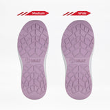 Two mauve soles from the Women's Mauve/White/Plum BILLY Sport Inclusion DZ1 by BILLY Footwear are shown side by side. The left is Medium, the right is Wide, each featuring branding and a circular logo on the sole.