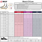 A BILLY Footwear Men's CS Low size chart displays US, CA, UK sizes, foot lengths in cm, and widths (narrow, medium, wide) with foot and circumference info. Includes a shoe diagram and an image of a black sensory-friendly sneaker.