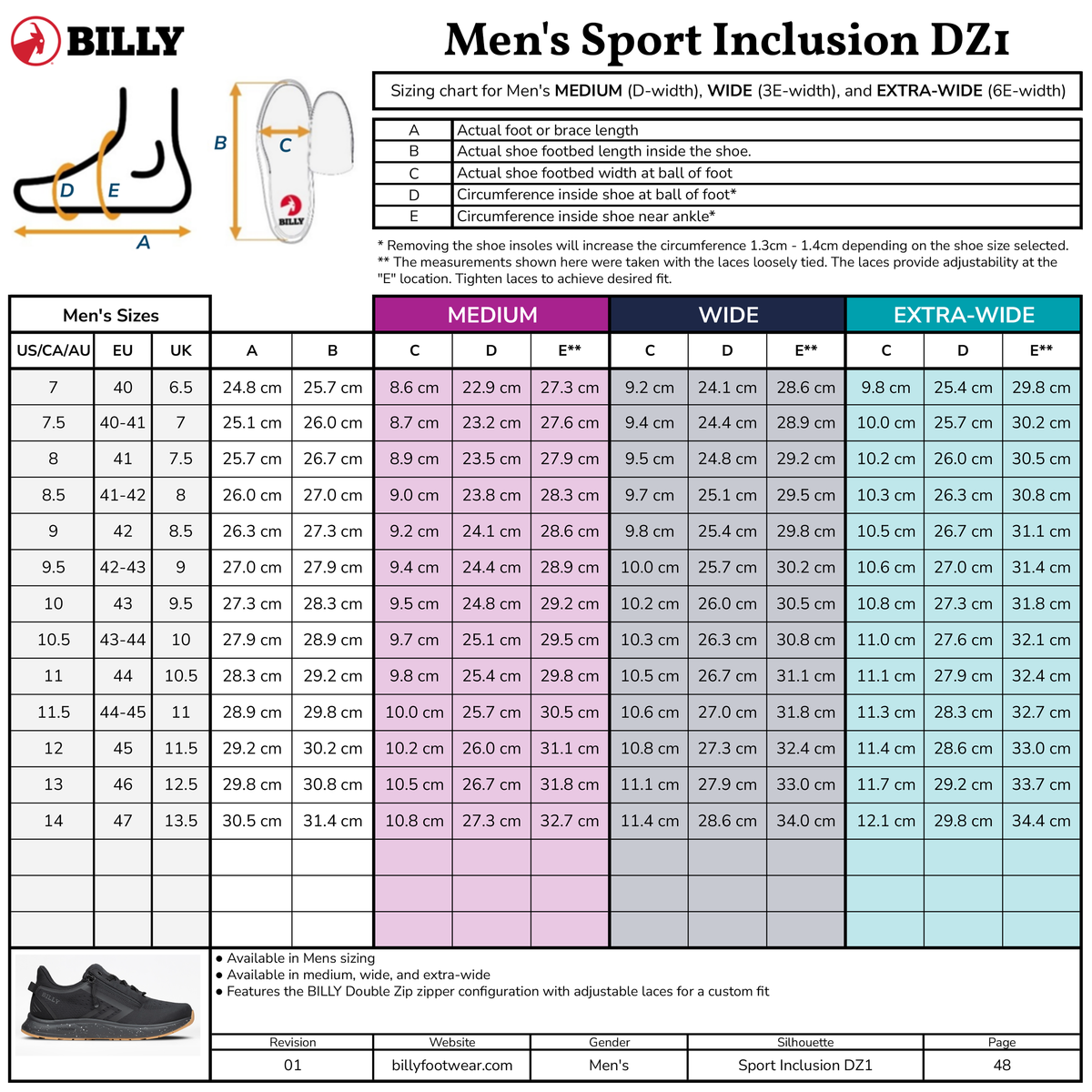 Sizing chart for BILLY Footwear Men's Black/Black/Gum Sport Inclusion DZ1 sneakers, with US, UK, EU, JP sizes, foot lengths and widths (cm), measurement diagrams, and Medium/Wide/Extra-Wide width categories.