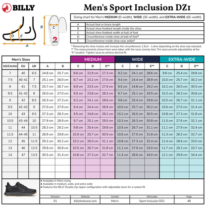 Sizing chart for BILLY Footwear Men's Black/Black/Gum Sport Inclusion DZ1 sneakers, with US, UK, EU, JP sizes, foot lengths and widths (cm), measurement diagrams, and Medium/Wide/Extra-Wide width categories.