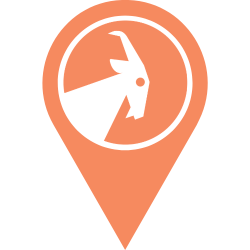 Orange map pin icon with a white goat silhouette on a white background